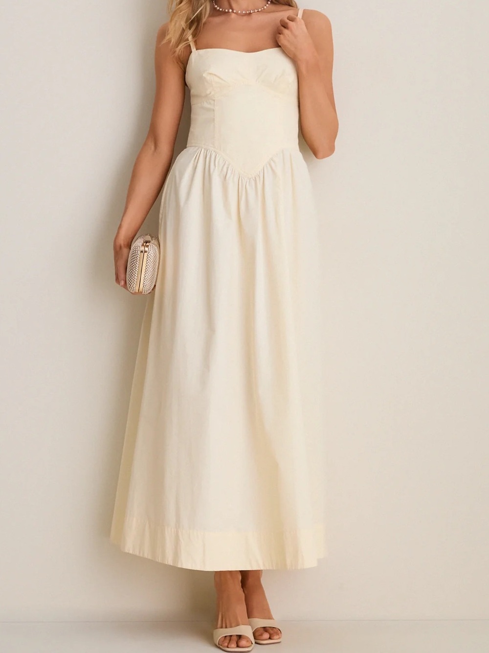 Dress To Light Yellow Beige Shell Waisted Midi Dress - Picture 2 of 13